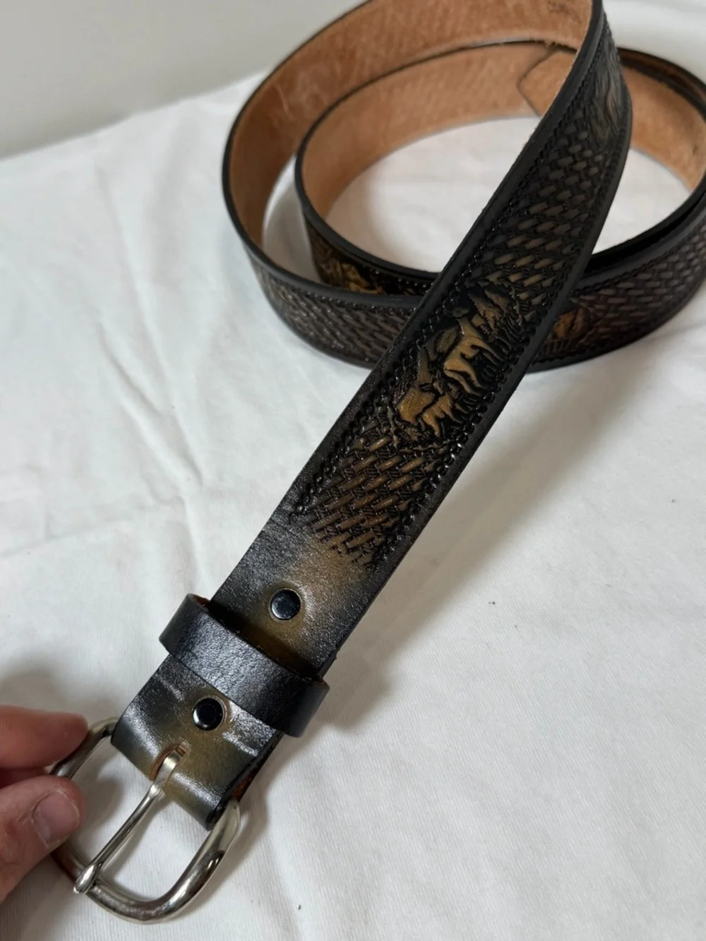 Western Full Grain Cowhide Leather 69W Oversized Tooled Black Brown Animal Belt